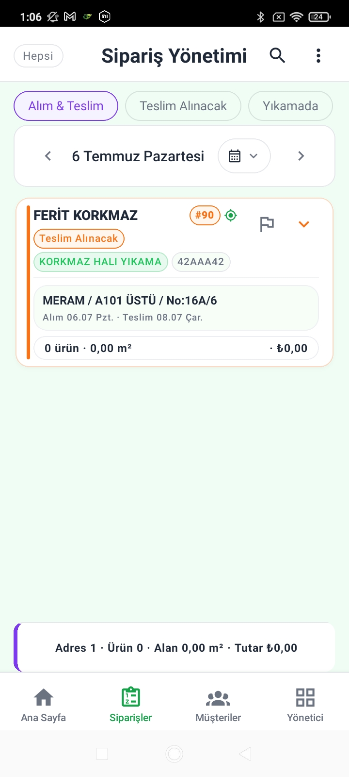 HalıWork tarih ve durum filtreli sipariş yönetimi ekranı